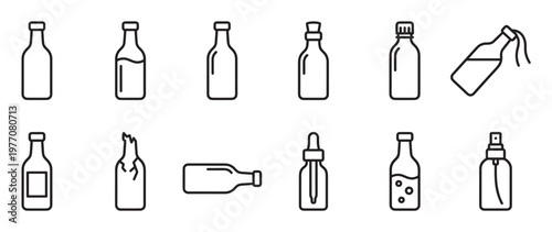 Collection of various outline bottle icons, depicting different shapes, closures, and contents in a clean, minimalist style