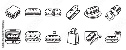 Various simple black outline icons depict different types of sandwiches and related items in a clean, minimalist style