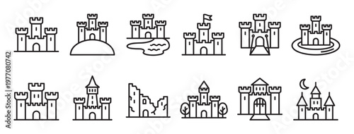 Collection of various simple castle line art icons, depicting different architectural styles and settings, presented in a clean, minimalist design