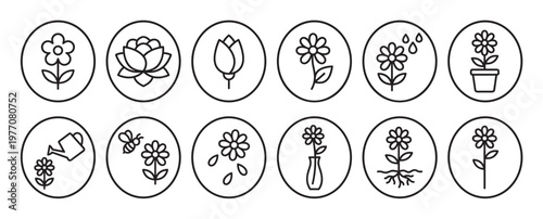 Collection of simple black outline flower icons depicting growth, care, and various floral states in a clean, minimalist style