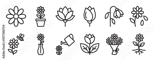 Collection of simple black outline flower icons representing various stages of growth and related objects