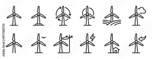 Collection of various wind turbine outline icons depicting renewable energy, power generation, and environmental concepts in a clean, modern style