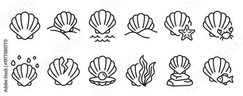 Collection of twelve simple seashell line art icons depicting various marine life and underwater elements in a clean style