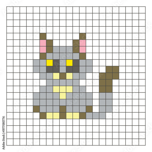 A flat pixel design made of geometric square color blocks on a clean grid layout. Pixel art cat