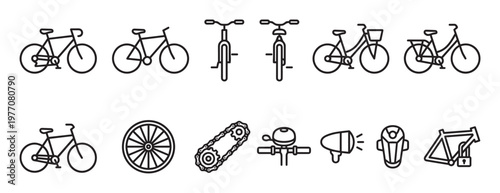 Various black outline bicycle icons and parts are neatly arranged in a grid, featuring different bike styles and accessories