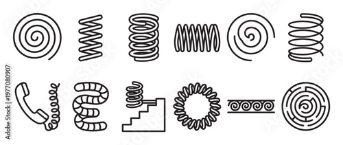 Various black outline spring and spiral icons are neatly arranged in a clean, graphic illustration