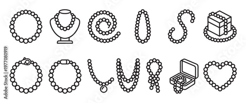 Various pearl jewelry items, including necklaces, bracelets, and a heart shape, are depicted in a clean, minimalist line art style