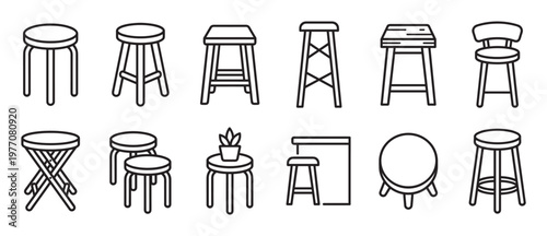 Collection of various modern and classic stool outline icons, showcasing different designs and shapes in a clean, minimalist style