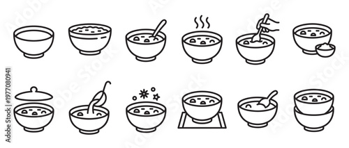 Collection of various simple line art icons depicting different stages and types of bowls with food and soup
