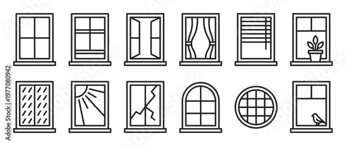 Collection of diverse window outline icons, showcasing various styles, weather conditions, and decorative elements in a clean, graphic design