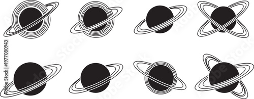 Abstract graphical representations of celestial bodies featuring distinct orbital rings, embodying concepts of cosmic motion and gravitational interactions for scientific and design applications