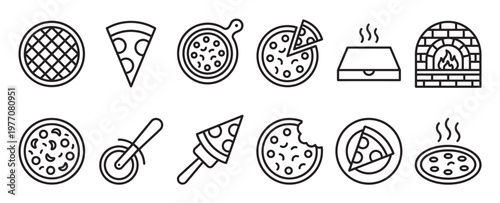 Collection of various pizza-themed line icons including whole pizzas, slices, a pizza box, oven, and cutter, presented in a clean, minimalist style