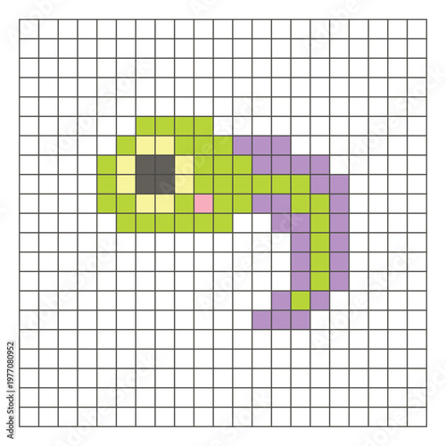 A flat pixel design made of geometric square color blocks on a clean grid layout. Pixel art tadpole