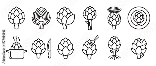 Various black outline artichoke icons illustrate different stages of the vegetable, from whole to cooked, in a clean, modern style