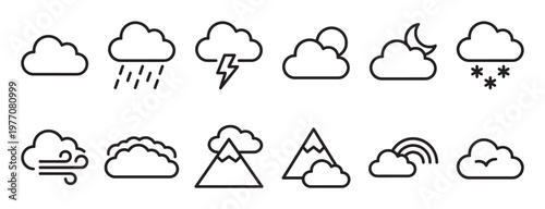 Collection of weather forecast outline icons depicting various atmospheric conditions and natural elements in a clean, minimalist style