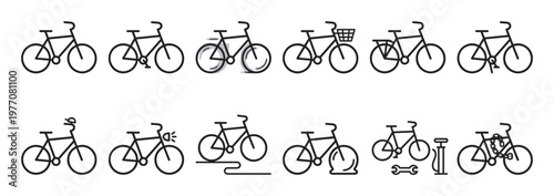 Various black outline bicycle icons are neatly arranged in two rows on a clean white surface, showcasing different accessories and conditions