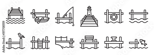 Collection of simple line art icons depicting various dock and pier related activities and structures, presented in a clean, minimalist style