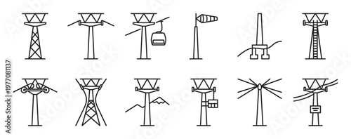 Collection of various simple black outline icons depicting different types of towers and structures on a clean white surface