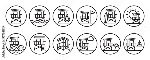 Collection of ten black outline lifeguard tower icons, each depicting different beach and ocean elements within a circular frame