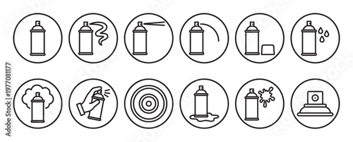 Collection of twelve black outline spray paint can icons depicting various actions and states in a clean, modern style