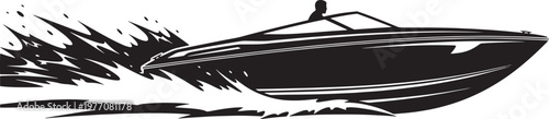 Dynamic illustration of a sleek speed boat racing across the water, creating a dramatic splash and wake, symbolizing high-speed aquatic adventure and thrilling leisure activity
