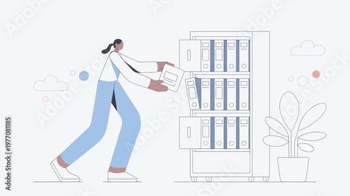 A woman organizing office files in a modern workspace with a plant