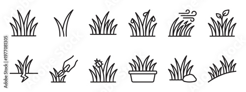 Various black outline grass icons are neatly arranged in two rows, showcasing different states and interactions with nature