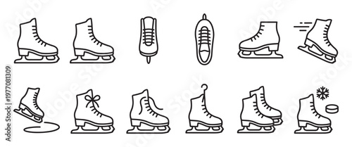 Collection of various outline ice skate icons depicting different styles and actions for winter sports