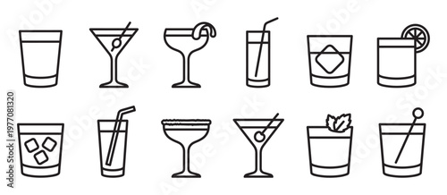 Various black outline cocktail glasses and drink icons with different shapes and garnishes, presented in a clean, minimalist style