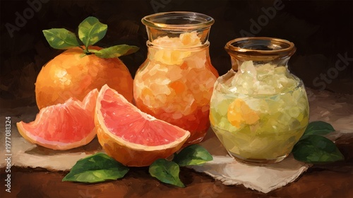 Still life painting depicts whole and sliced citrus fruits alongside jars filled with pulpy beverages