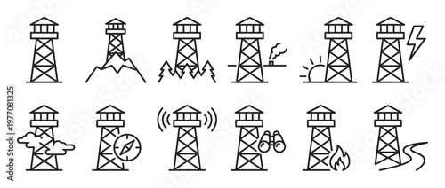 Collection of black outline fire lookout tower icons depicting various scenarios and elements like mountains, trees, smoke, and lightning