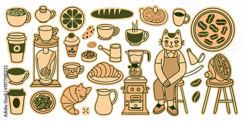 A whimsical illustration of coffee cats and breakfast items arranged playfully