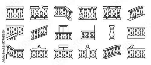 Various black outline balustrade icons are neatly arranged, showcasing different styles and conditions of architectural railings