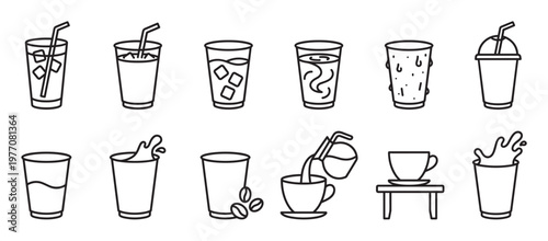 Various black outline beverage icons including iced drinks, coffee cups, and splashing liquids, presented in a clean, minimalist vector style