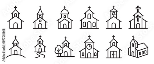 Various black outline church icons with crosses on steeples and different architectural details, presented in a clean, minimalist style