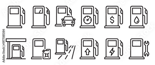 Collection of black outline gas pump icons depicting various fuel station services and related symbols in a clean, modern style
