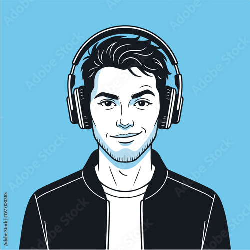 Young man wearing headphones smiling.