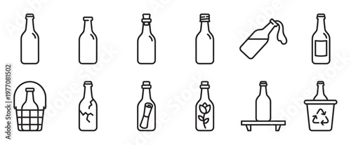 Collection of twelve simple outline bottle icons in various states, including empty, corked, capped, pouring, labeled, in a basket, broken, with a message, with a flower, on a shelf, and in