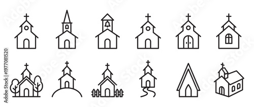 Collection of twelve distinct black outline church icons with various architectural details and religious symbols, presented in a clean, modern style