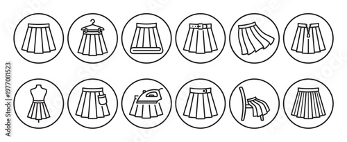 Collection of twelve simple line art icons depicting various pleated skirts and related clothing activities