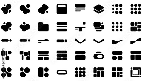 Modern UI layout elements icon set black solid grid cards toggle blobs and interface components for web and mobile app design