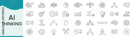 AI thinking line icons set artificial intelligence, machine learning, neural networks, data analysis, automation, robotics, brain, and logic