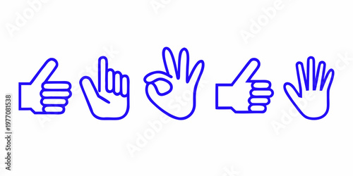 Five blue line art hands displaying different gestures and signs