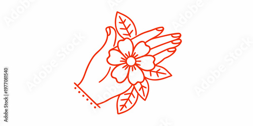 A red line drawing of hands gently holding a blossoming flower