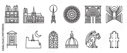 Collection of black outline gothic architecture elements including cathedrals, rose windows, gargoyles, and arches, presented in a clean, minimalist style