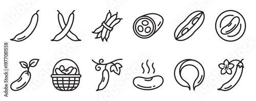 Collection of various bean and pea line icons, showcasing different forms and stages of these legumes in a clean, graphic style