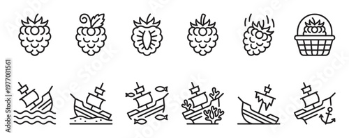 Collection of simple black line art icons depicting various raspberries and shipwrecked boats in a clean, minimalist style