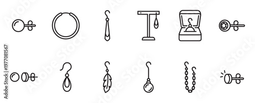 Collection of various jewelry and earring outline icons, including studs, hoops, drop earrings, and a jewelry box, presented in a clean, minimalist style