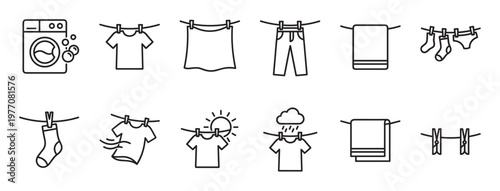 Collection of laundry and washing machine line art icons, depicting various clothes drying on a line and a washing machine with bubbles