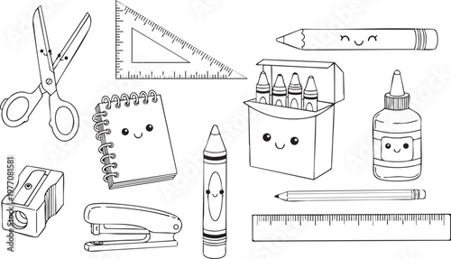 Title back to school black and white sketch of essential stationery items description a hand drawn sketch depicts various school supplies including scissors